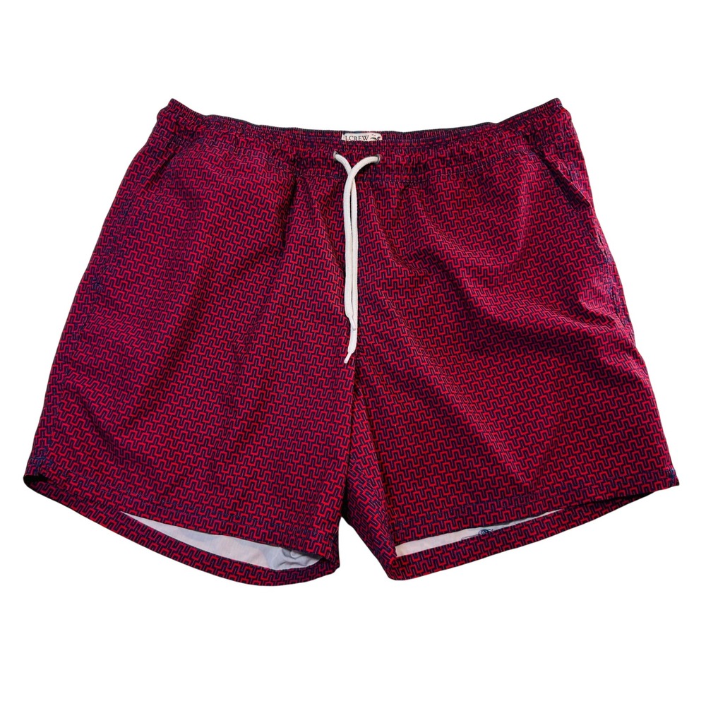 J.Crew Men Flex Swimwear Red Navy Geometric Tile Print Swim Trunks Size L 5131
